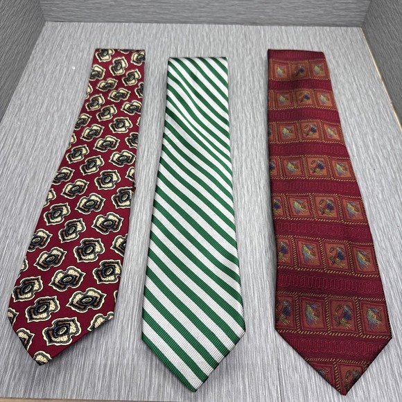 Robert Talbott Silk Tie Lot of 3 Made in USA Green‎ Stripe Burgundy Geometric